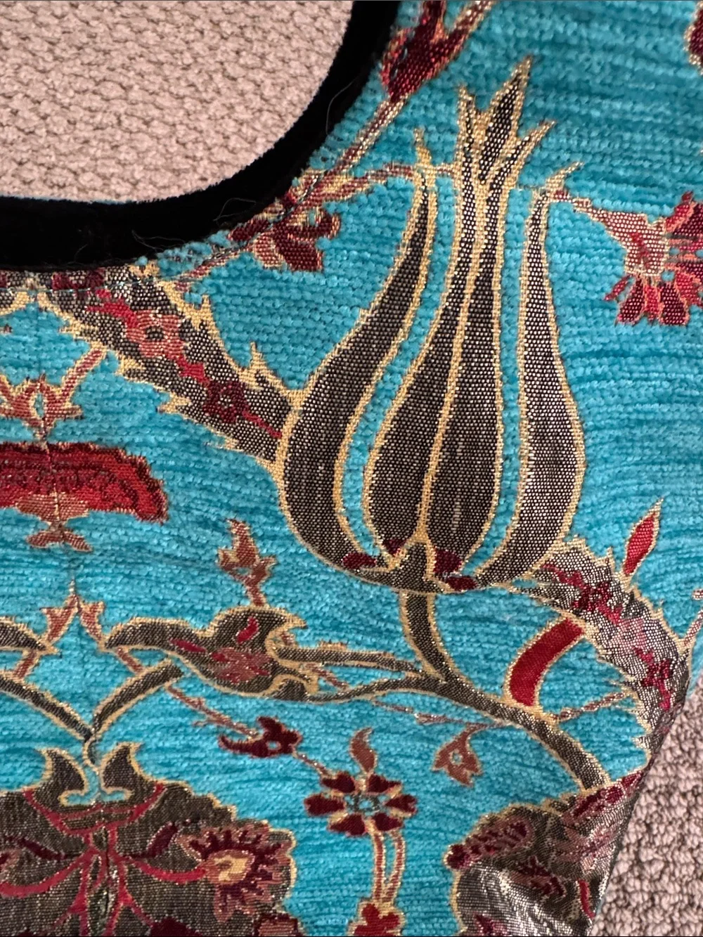 Turkish Turquoise Floral Jacquard Tote Bag , handmade of Turkish carpet